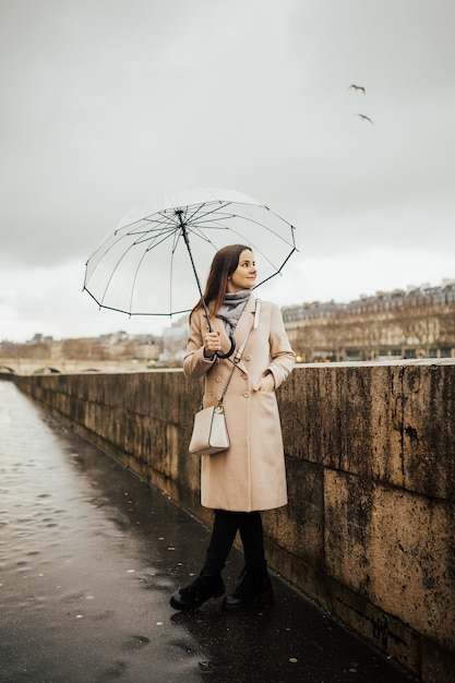 Regen an einem Wintertag in der Stadt, Frau mit transparentem Regenschirm, der auf einer Straße nahe Fluss Seine steht.