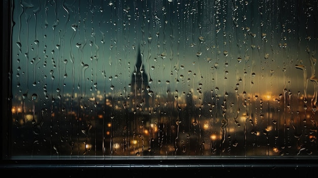 Regen auf dem Fenster mit einem Stadtbild in der Nacht, erzeugt von ai