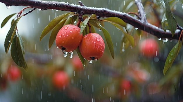Regen fällt auf einen Obstbaum