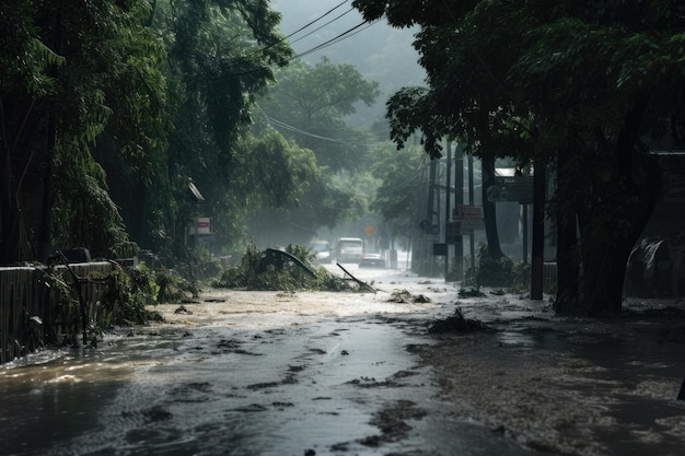 Regen fiel auf die Straße, nachdem eine Depression Thailand getroffen hatte, was zu starken Regenfällen und Überschwemmungen führte.