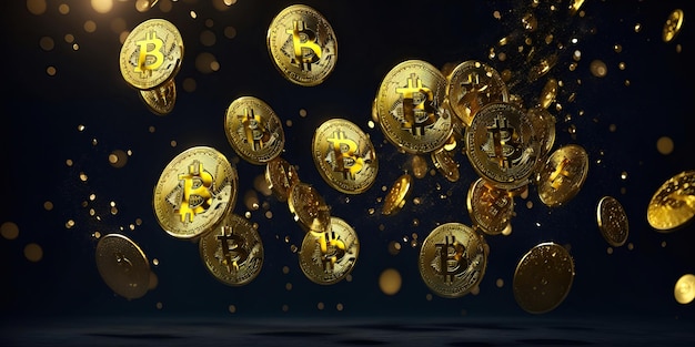 Regen goldener Bitcoin-Münzen auf dunklem Hintergrund