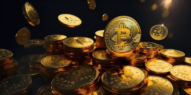 Regen goldener Bitcoin-Münzen auf dunklem Hintergrund