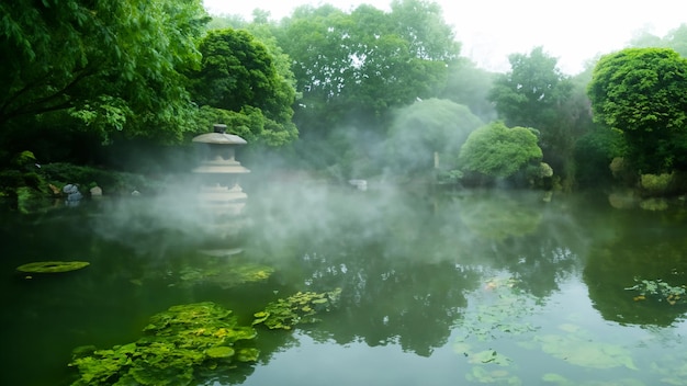 Regen im japanischen Garten Zen-Stil 3D-Illustration