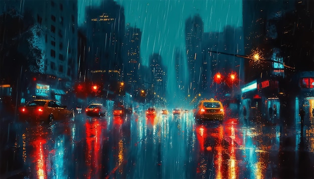 Regen in der Nacht in der Stadt verschwommener Blick auf eine Stadtstraße mit Lichtern in einer regnerischen Nacht
