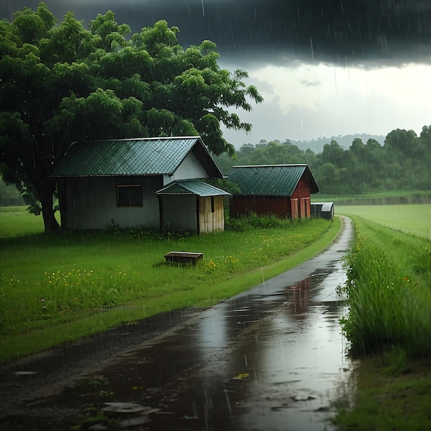 Regen in einer ländlichen, malerischen Umgebung. Generieren Sie KI