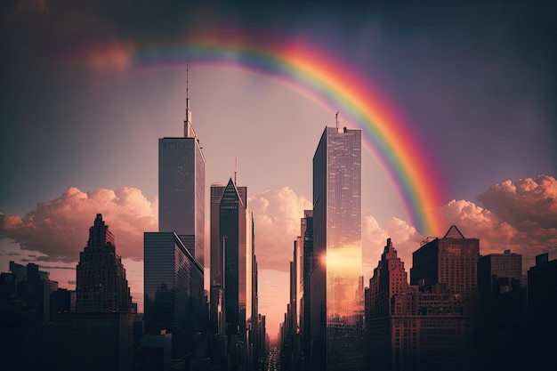 Regenbogen am Himmel über hoch aufragenden Wolkenkratzern, hinter denen die Sonne untergeht