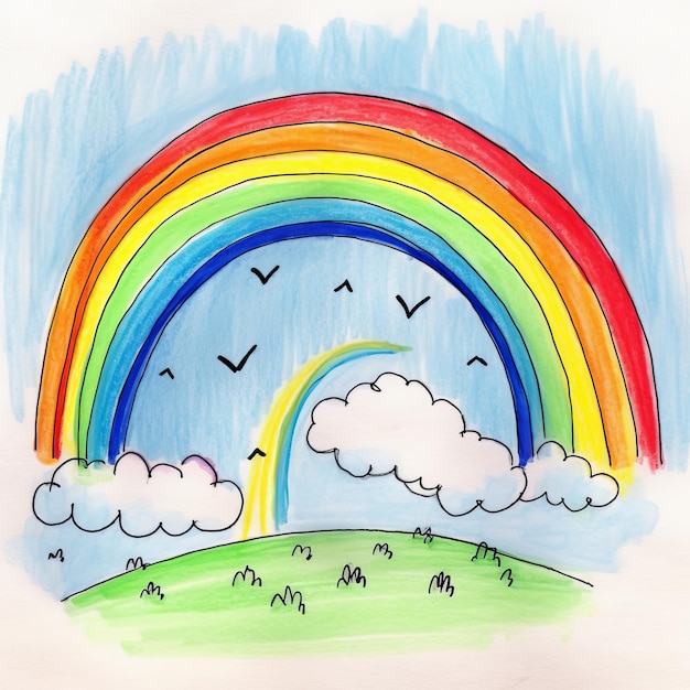 Regenbogen auf der Wiese mit Bäumen Handgezeichnete Aquarellillustration