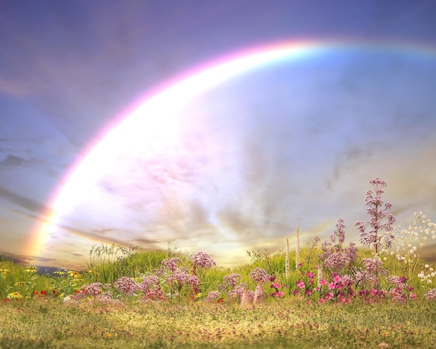 Regenbogen auf Sonnenuntergang Blitzhimmel auf der grünen Wiese mit wilden Blumen und Bäumen Naturlandschaft