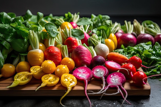 Regenbogen aus verschiedenfarbigen Radieschen im Salat