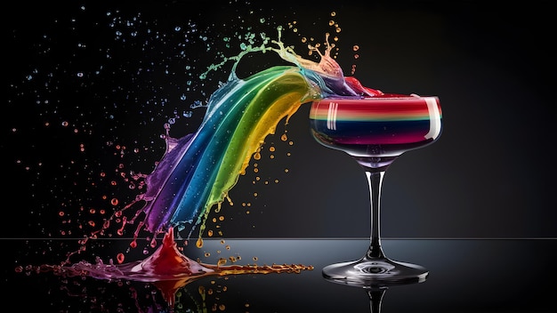 Regenbogen-Cocktail, bunter Getränk auf dunklem Hintergrund, Getränk für die Pride-Party