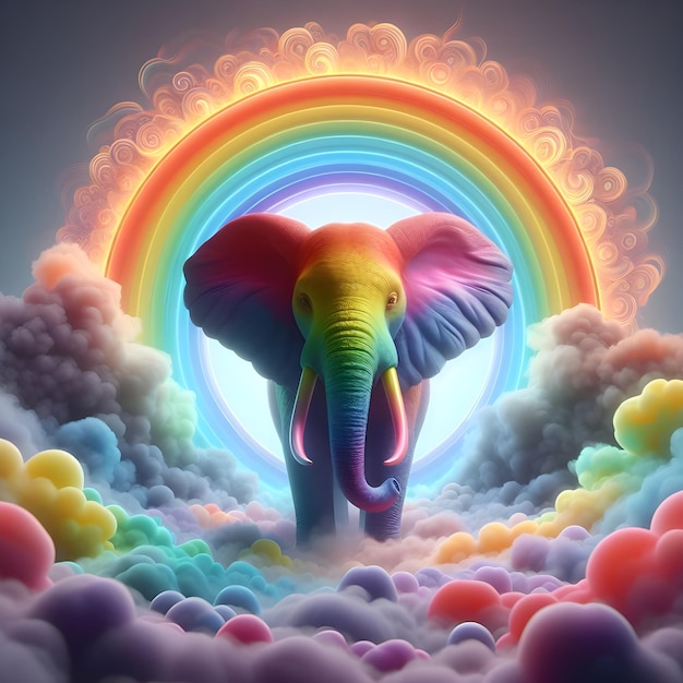 Foto regenbogen-elefant umgeben von spitzen nebel