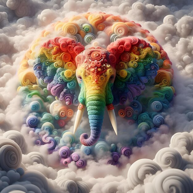 Foto regenbogen-elefant umgeben von spitzen nebel