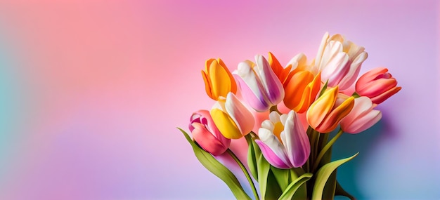 Regenbogen-Frühlingstulpenblumen auf rosafarbenem Hintergrund, Draufsicht im flachen Laienstil Gruß für Frauen- oder Muttertag oder Frühlingsverkaufsbanner Generative Ai