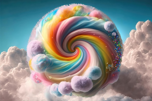 Regenbogen-Glitzer-Zuckerwatte, die am Himmel in eine Wolke wirbelt