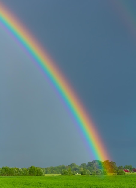 Regenbogen im HimmelPicturesque Ansicht des schönen Regenbogens und des blauen Himmels am vertikalen Rahmen des sonnigen Tages