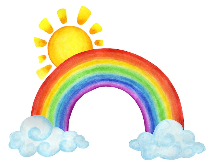 Foto regenbogen in den wolken und die sonne darüberkinderwetterillustration handgezeichnet