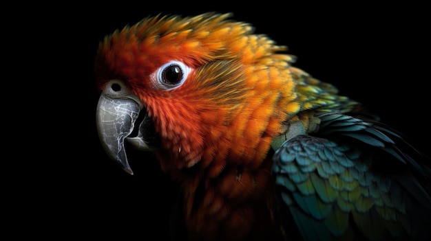 Regenbogen-Lorikeet-Papagei isoliert auf schwarzem Hintergrund. Generative KI