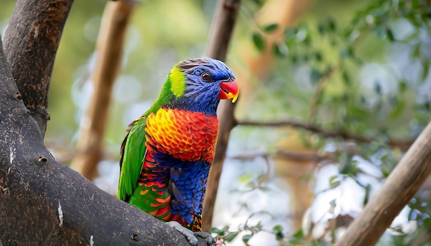 Regenbogen-Lorikeet sitzt auf einem Waldbaum im Weitwinkel und in Nahaufnahme