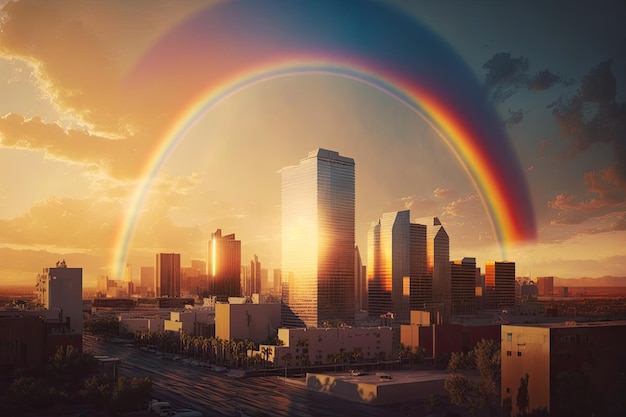Regenbogen mit der untergehenden Sonne hinter Gebäuden über der modernen Stadt