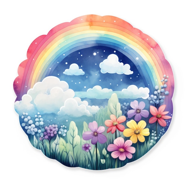 Regenbogen mit Wolken blüht Aquarellillustration