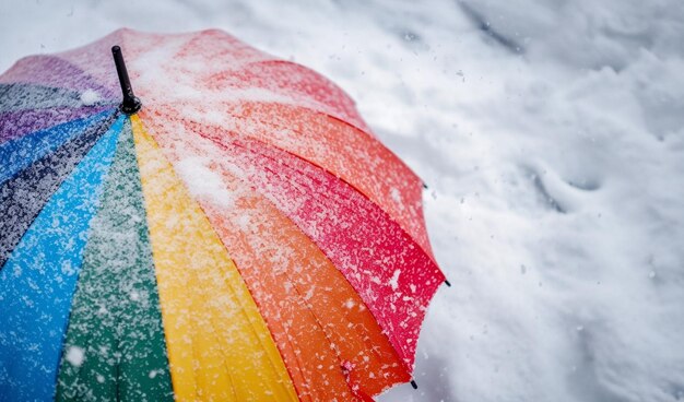 Regenbogen-Schirm unter starkem Schnee im Park Welt-Meteorologischer Tag