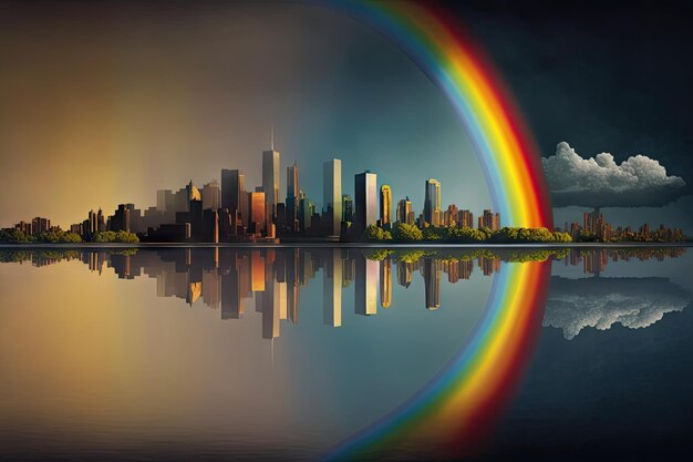 Regenbogen über der Skyline einer Stadt, der sich im ruhigen Wasser eines Reservoirs widerspiegelt, das mit generativer KI erstellt wurde