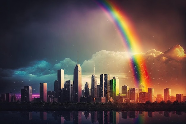 Regenbogen über der Stadt mit hohen Wolkenkratzern im Hintergrund