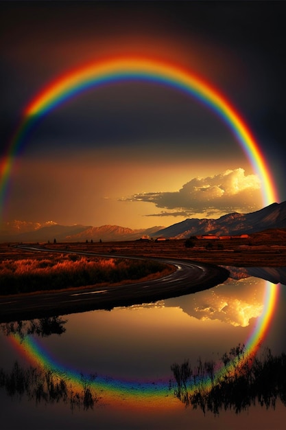 Regenbogen über einem Gewässer mit einem Berg im Hintergrund generative ai