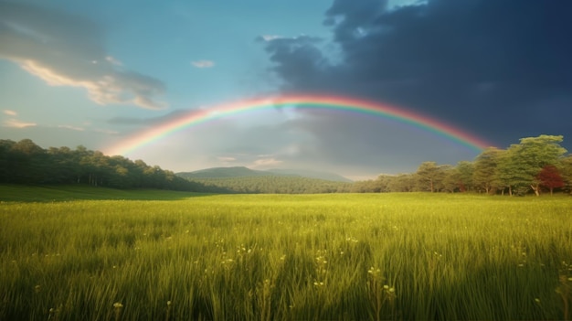 Regenbogen über einem grünen Feld mit Bergen im Hintergrund