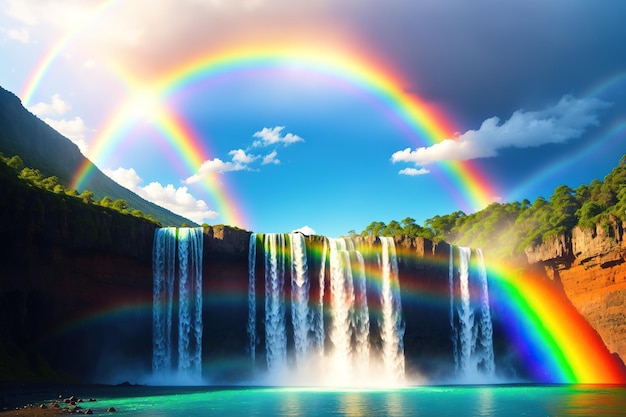 Regenbogen über einem Wasserfall mit blauem Himmel und Wolken