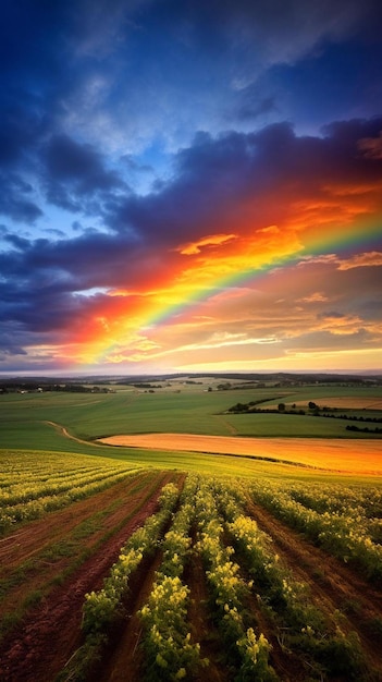 Regenbogen über einer Blumenwiese