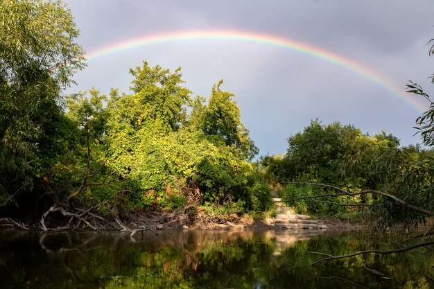 Regenbogen über Fluss im grünen Wald. Idyllische Landschaft