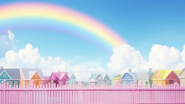 Regenbogen und ein weißer Zaun am Himmel im Stil eines niedlichen realistischen Fotos