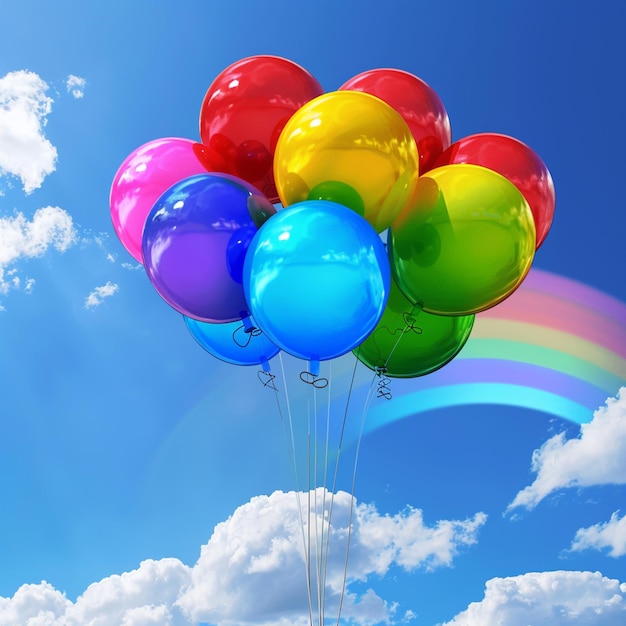 Foto regenbogenballons am himmel mit wolken und regenbögeln