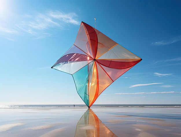 Regenbogendrachen, der unter der warmen Sonne über den Strand fliegt, im Stil von hellblau und dunkelrot