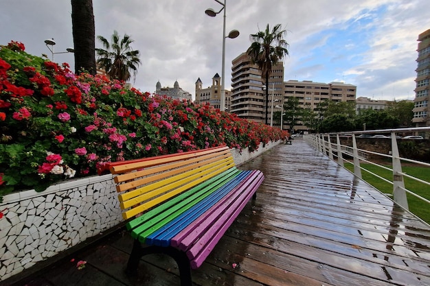 Regenbogenfahnenbank nach dem Regen in Valencia