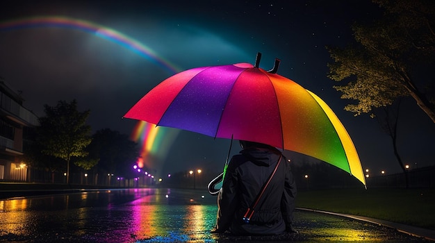 Regenbogenfarben erhellen dunkle Nacht mit Regenschirm