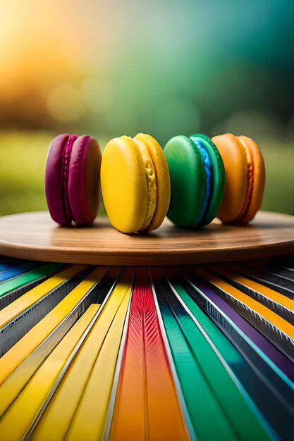 Regenbogenfarbene Makronen auf einem Tisch mit einem Stift im Hintergrund