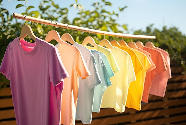 Regenbogenfarbene T-Shirts auf der Wäscheleine im Stil von hellem Magenta und Bernstein