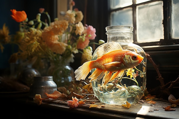 Regenbogenfarbener Fisch in einem Fischglas