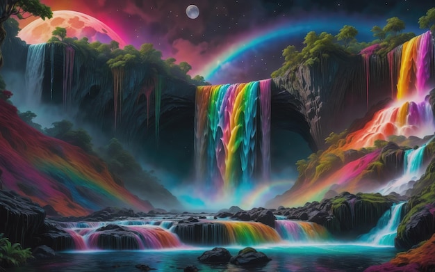Regenbogenfarbener geschmolzener Mond über dem Wasserfall