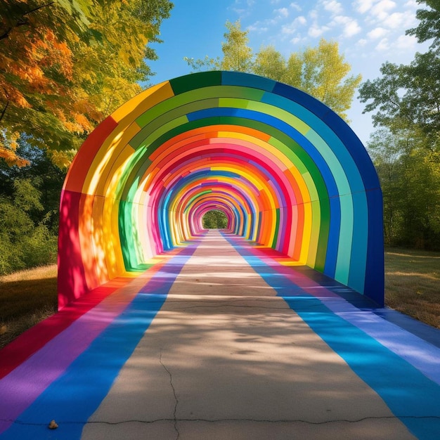 Regenbogenfarbener Tunnel mit Bäumen und einem Regenbog in dem Hintergrund.