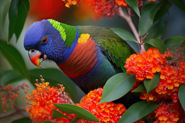 Regenbogenlorikeet, der rot blühenden Gumminektar konsumiert