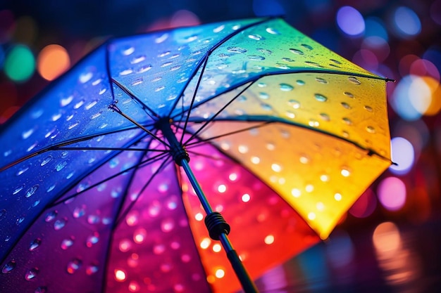 Regenbogenschirm mit Wassertropfen gegen Sonnenlicht