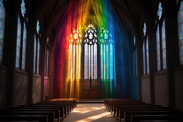 Regenbogenspektrumlicht, das durch mit generativer KI erzeugtes Buntglas scheint