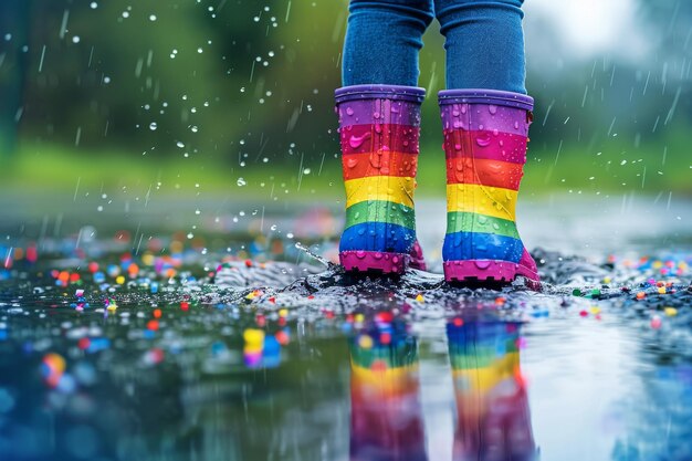 Foto regenbogenstiefel stehen in einer pfütze mit regentropfen