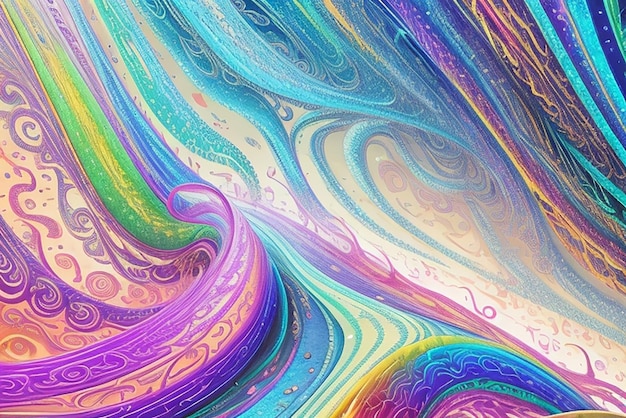 Regenbogenwelle aus holografischer Folie vor einem Hintergrund aus abstrakten Formen und Mustern