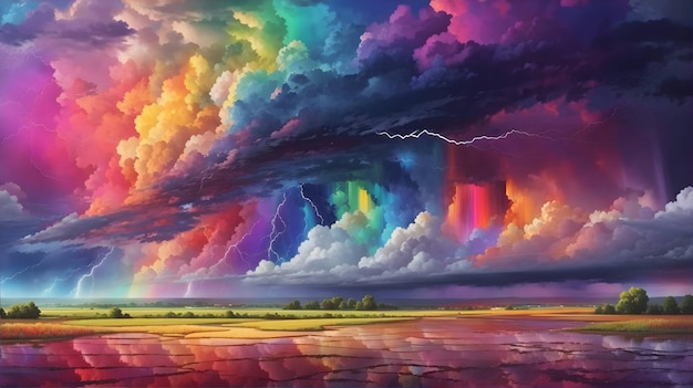 Regenbogenwolken über einer Landschaft Donner und Blitze mit Farben Schöner abstrakter Hintergrund