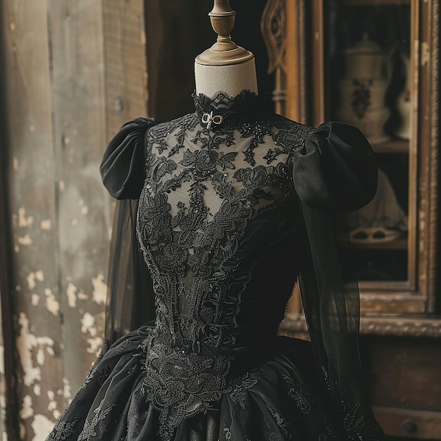 Foto regency-ära inspirierte schwarze hochzeitskleidung spitze designs auf einer mannequin ohne kopf