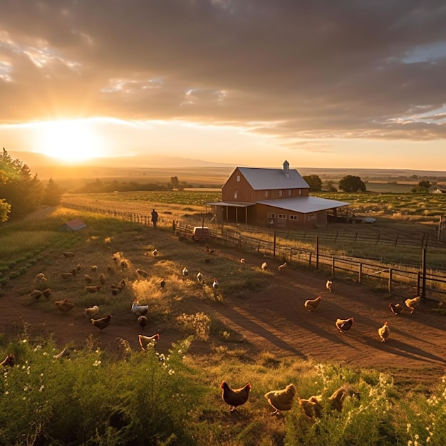 Regenerative Farm inmitten eines wunderschönen Sonnenuntergangs